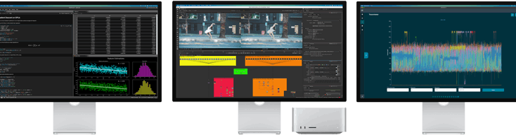 Una Mac Studio junto a tres monitores Studio Display, cada uno con una app de macOS diferente abierta